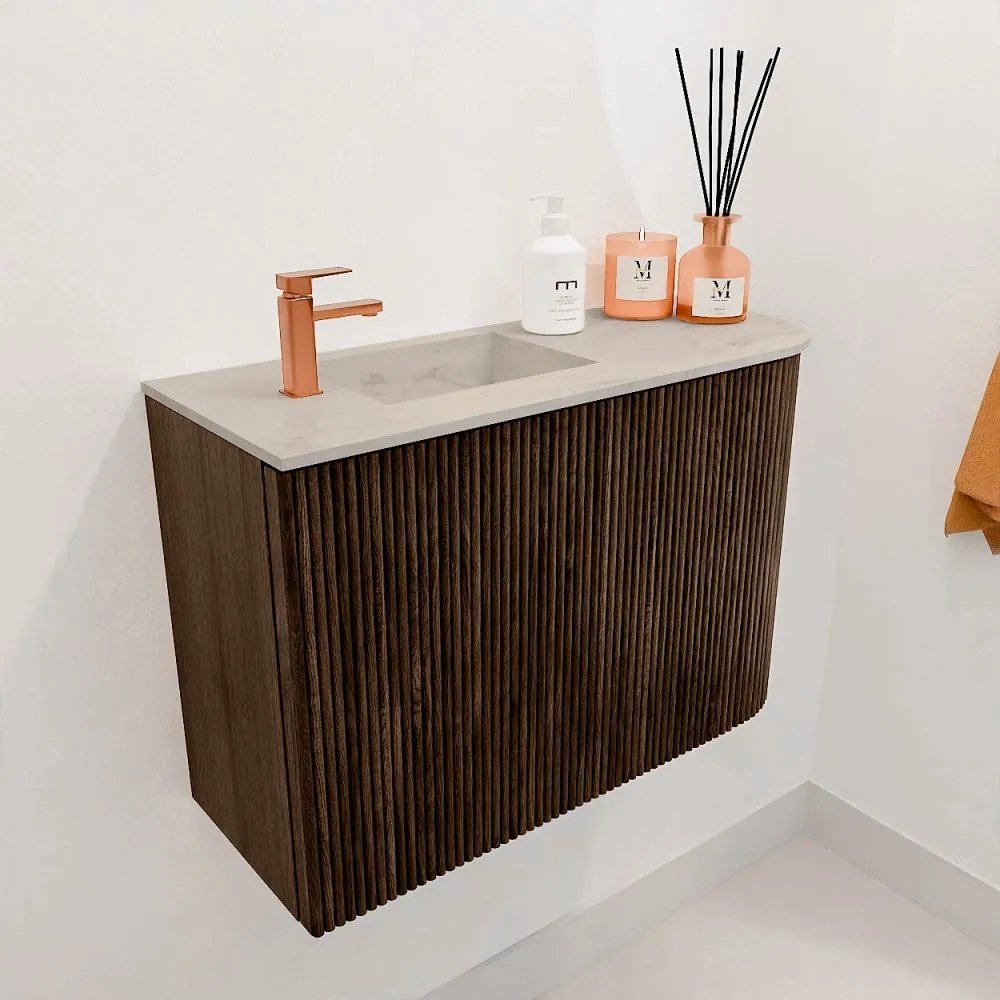 Mondiaz Joya DLux 60cm toiletmeubel ronding rechts walnut met wastafel faye links 1 kraangat opalo