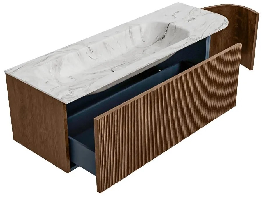 Mondiaz Kurve-dlux 135cm badmeubel ronding rechts walnut met 1 lade en deur en wastafel big medium kraangat links glace