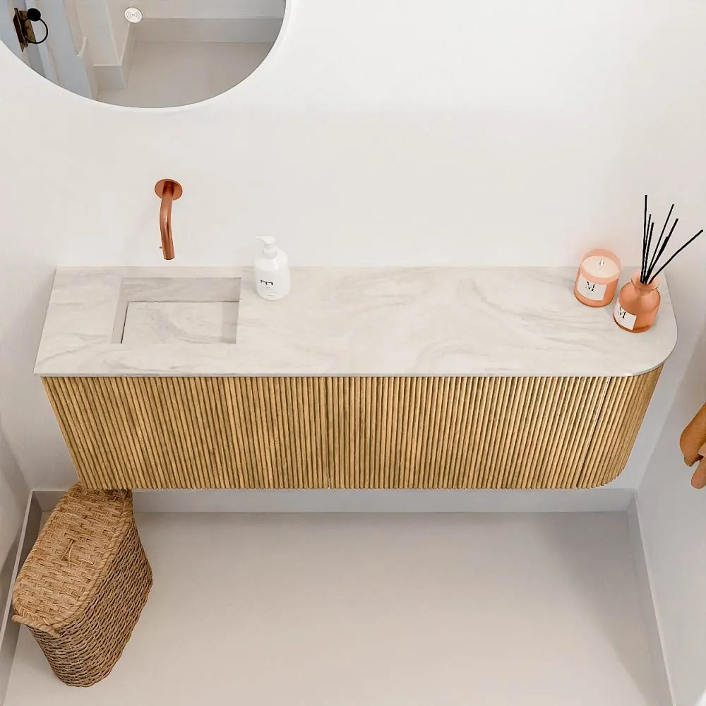 Mondiaz Joya DLux 110cm toiletmeubel ronding rechts oak met wastafel faye links zonder kraangat ostra