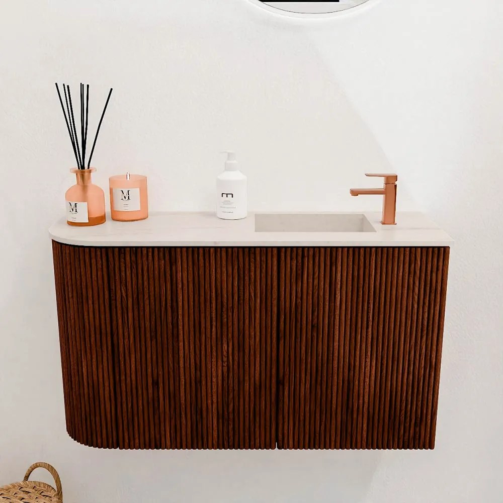 Mondiaz Joya DLux 70cm toiletmeubel ronding links ruby met wastafel faye rechts 1 kraangat meli