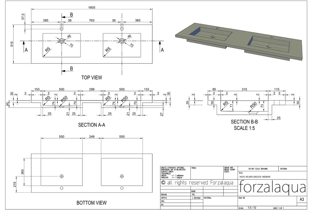 Forzalaqua Nova wastafel 160x50cm met 2 kraangaten graniet gezoet en gefrijnd