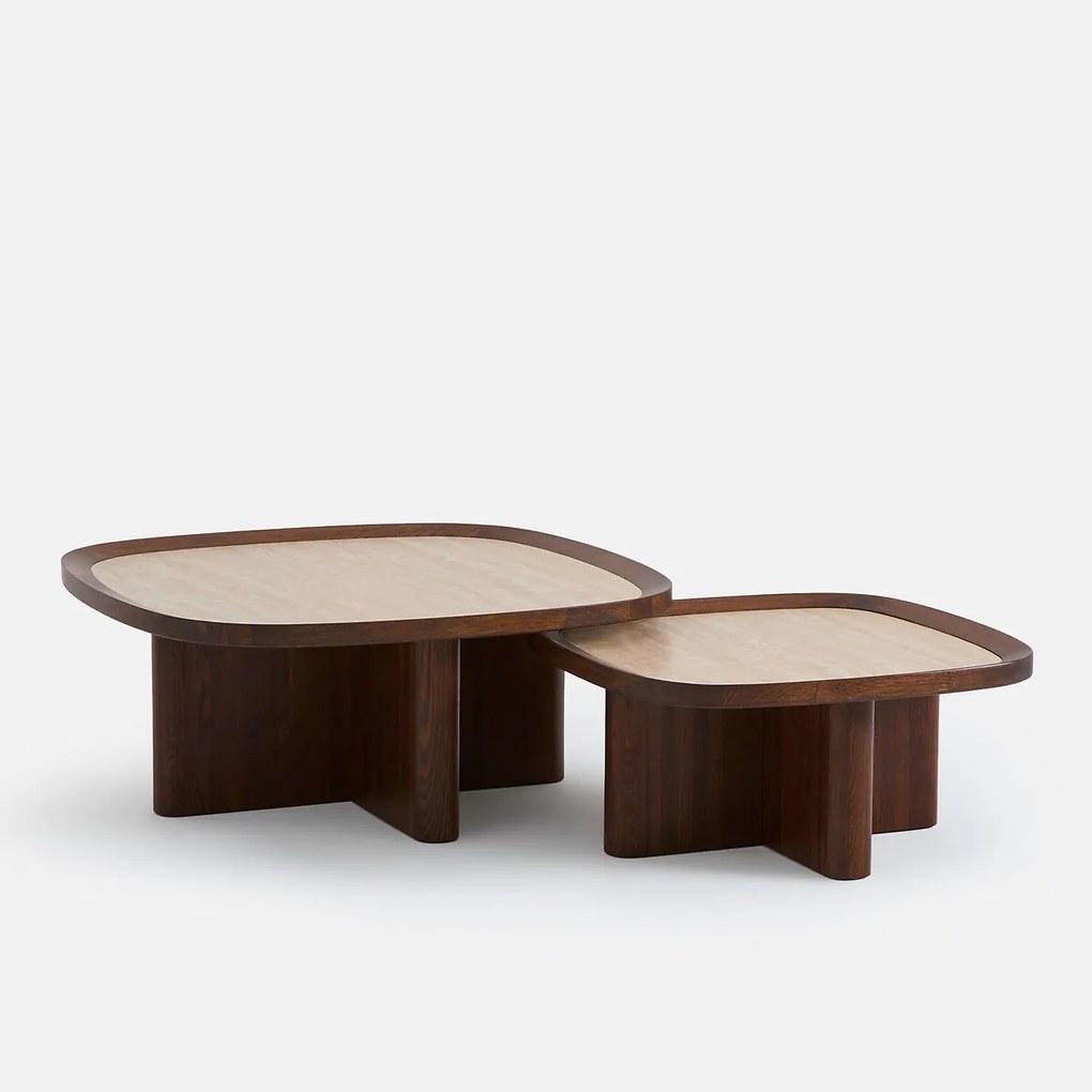 Set van 2 in elkaar schuifbare salontafels, travertin-look, eikenhout en fineer, APOLLINE