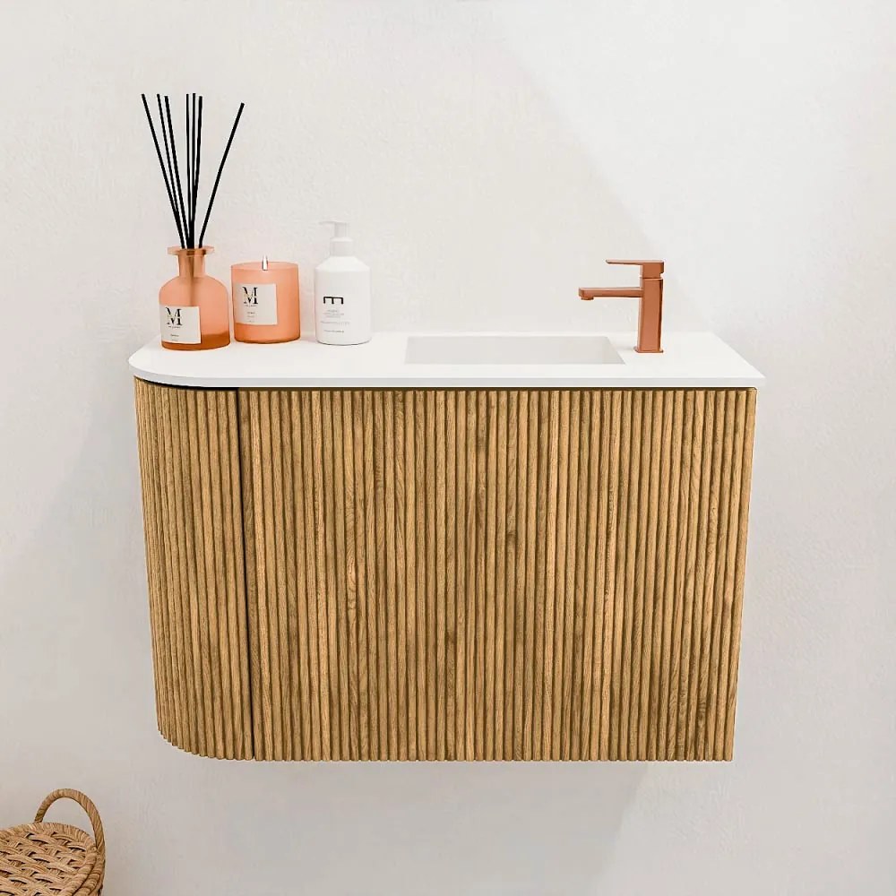 Mondiaz Joya 60cm toiletmeubel ronding links oak met wastafel faye rechts 1 kraangat talc