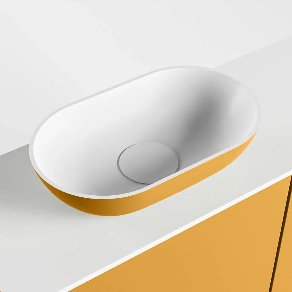 Mondiaz Fowy toiletmeubel 80cm ocher met gele waskom links en kraangat