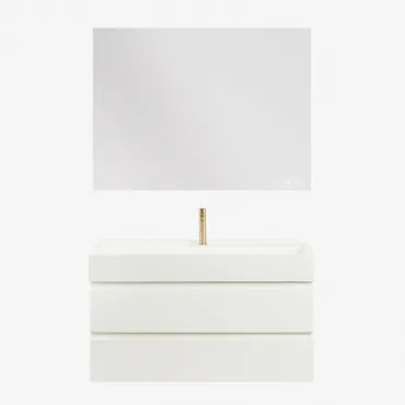 Ona Zwevend Badkamermeubelset Van Hout En Essenfineer Met Geïntegreerde Wastafel Wit & Rectangular Led And Antifog 120x90 Cm Riben & Goud - Sklum