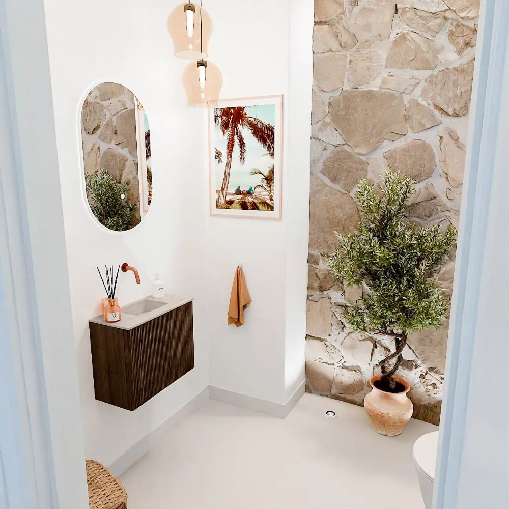Mondiaz Joya DLux 50cm toiletmeubel walnut met wastafel faye midden zonder kraangat opalo