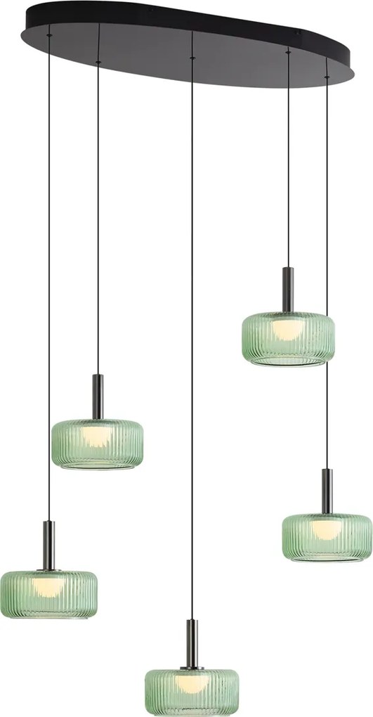 Design hanglamp gunmetal met groen glas incl. LED 3-staps dimbaar 5-lichts easylift - Fiera
