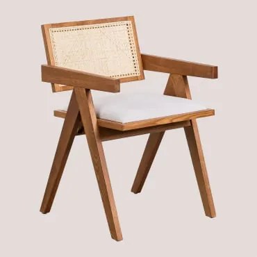 Set Van 4 Gestoffeerde Eetkamerstoelen Met Armleuningen In Essenhout En Rotan Lali Ash Brown - Sklum