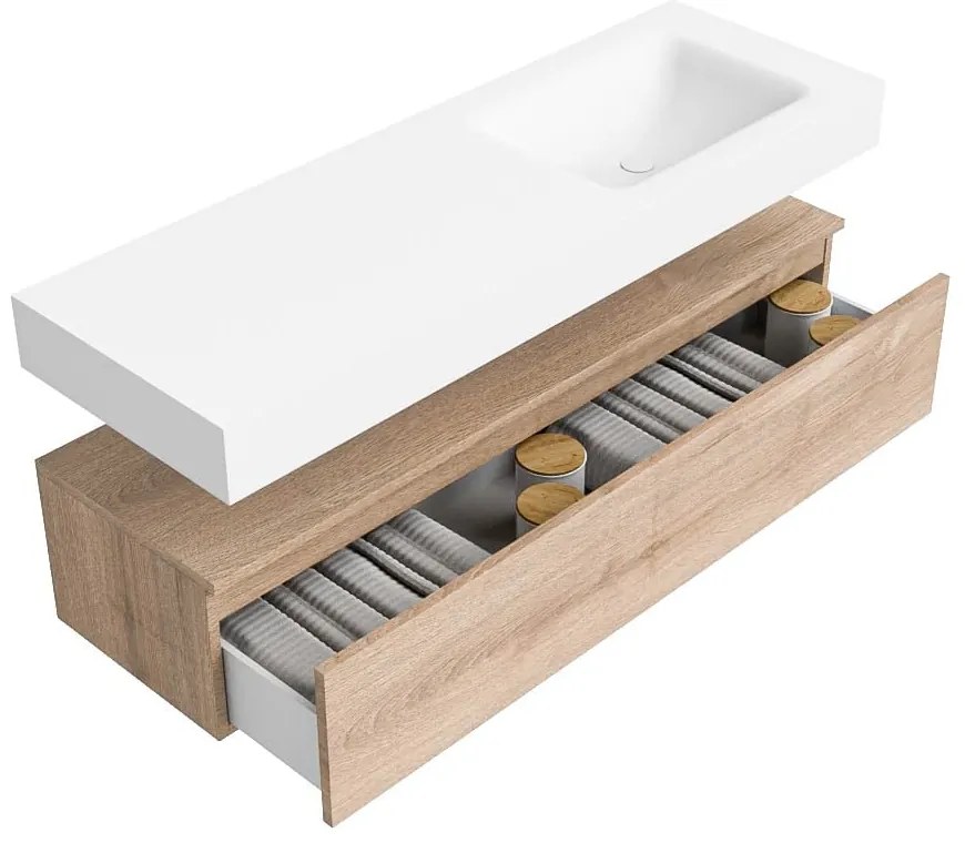 Zaro Alan badmeubel 140cm washed oak 1 lade met vrijhangende wastafel cloud rechts zonder kraangat talc