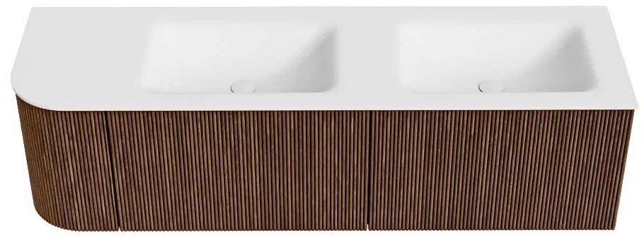 Mondiaz Kurve 155cm badmeubel ronding links walnut met 2 lades en 1 deur en wastafel cloud dubbel/rechts 2 kraangaten
