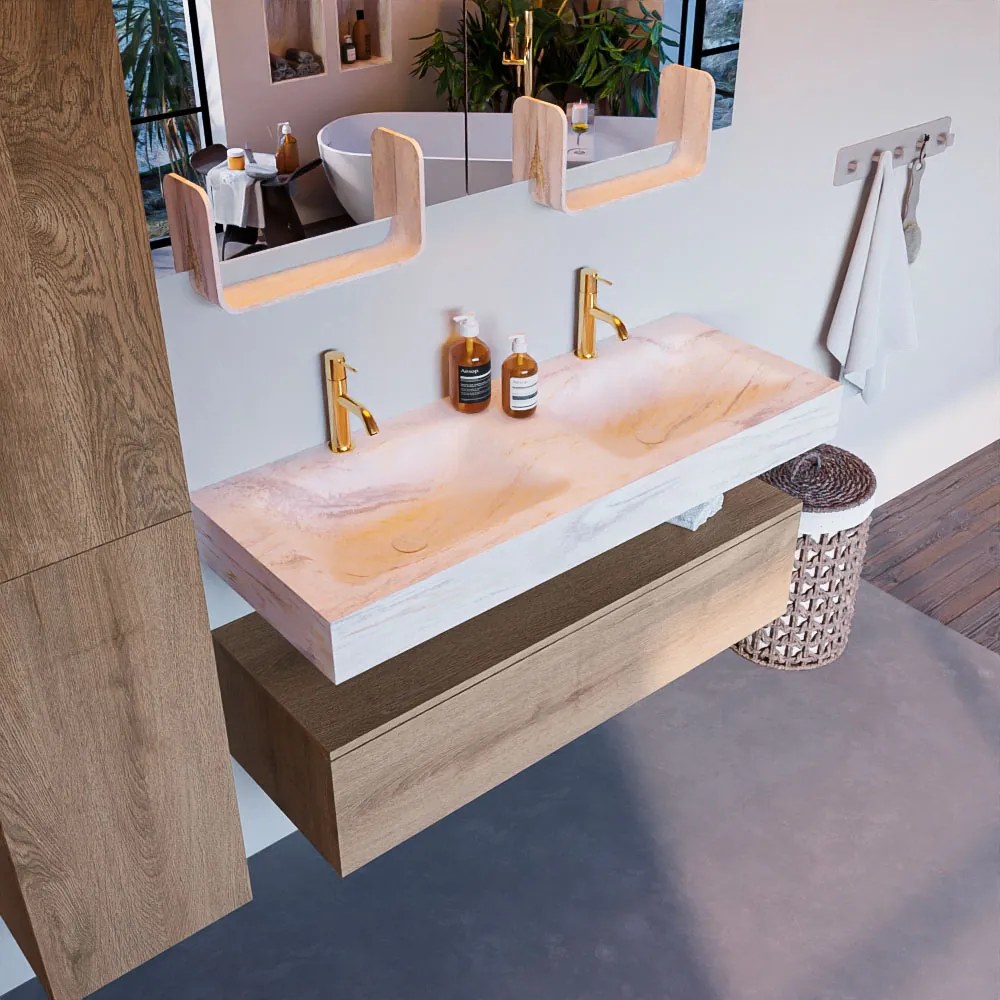 Mondiaz Alan DLux badmeubel 120cm washed oak 1 lade met wastafel ostra dubbel 2 kraangaten