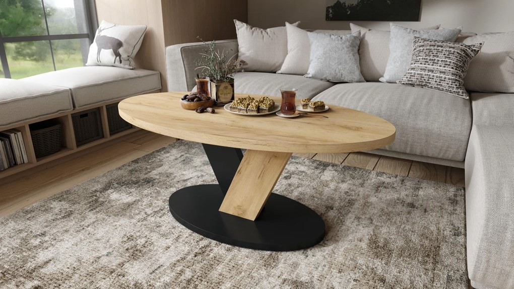 LOVA  Eik Goud/Zwart - OVALE SALONTAFEL 110x60 cm MODERNE KOFFIETAFEL