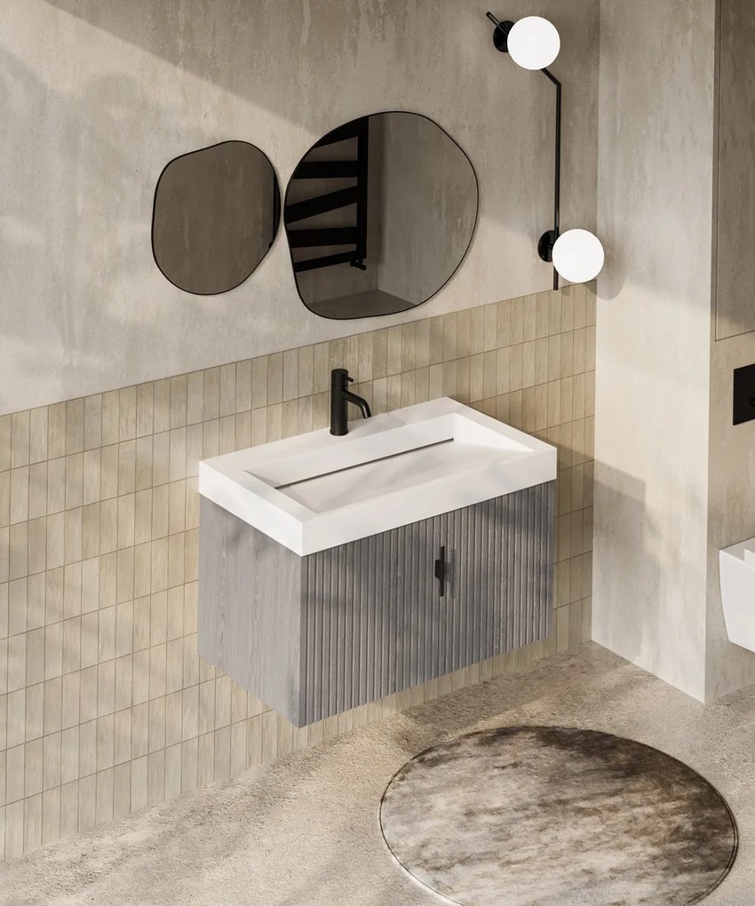 Muebles Calas badmeubel ribbelfront 80cm grijs eiken met solid surface wastafel met kraangat