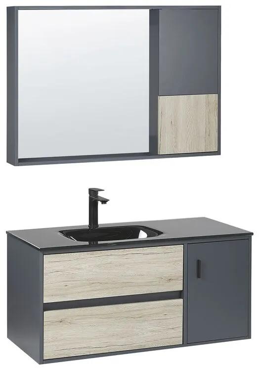 Badkamermeubelset met spiegelkast 100 cm licht hout/grijs TERUEL Beliani