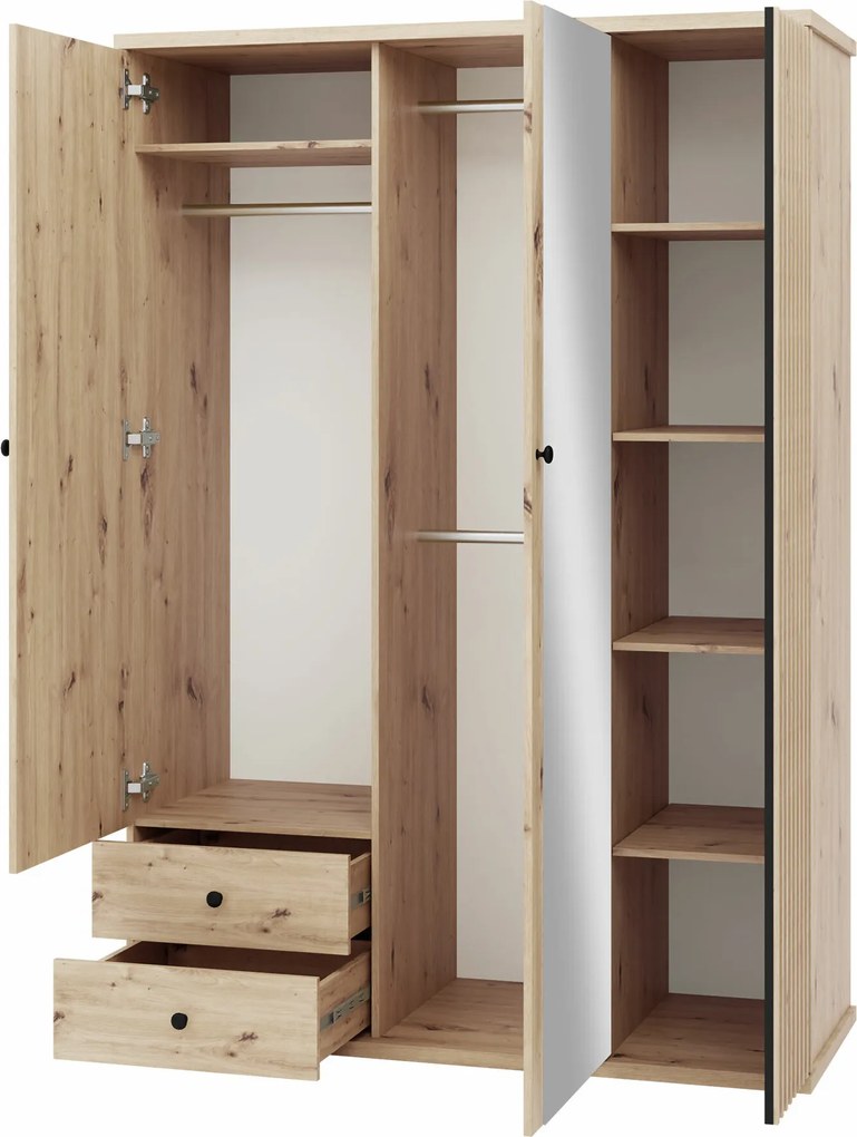 Kledingkast Venmava 115, Zwart, Artisan eiken, 213x150x60cm, 162 kg, Kledingkast deuren: Met scharnieren