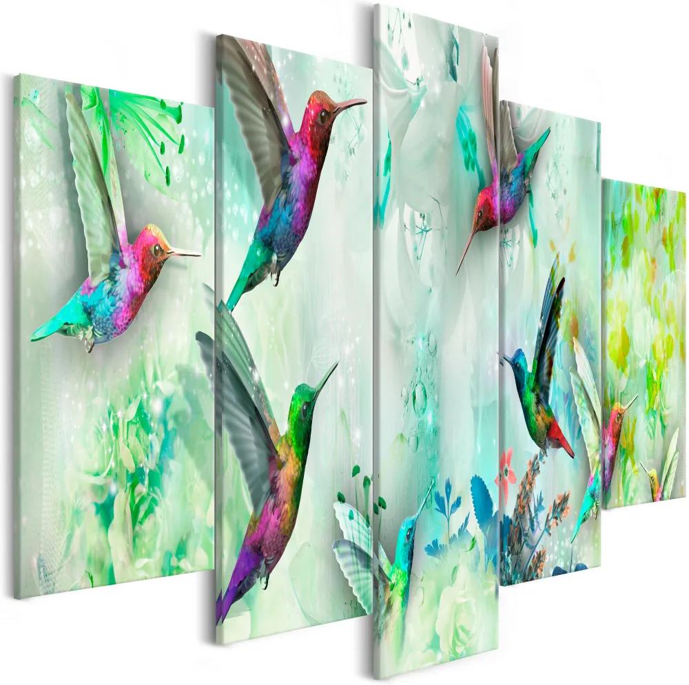 Schilderij - Kleurrijke Kolibries ,  Groen , 5 luik