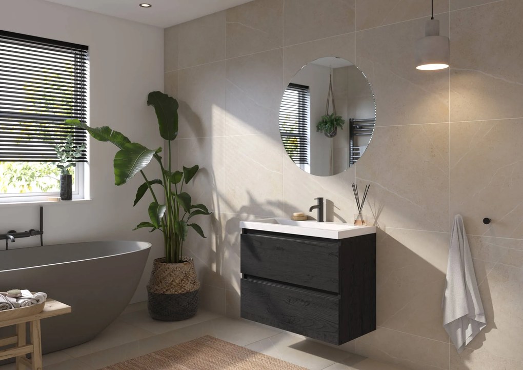 Saqu Gaia ondiep badmeubel incl. glans witte wastafel 80x40x64cm eiken zwart – zwarte greeplijst