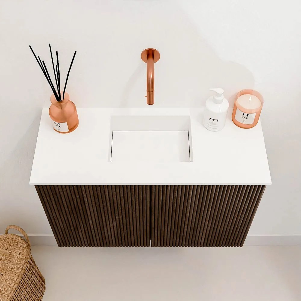 Mondiaz Joya 60cm toiletmeubel walnut met wastafel faye midden zonder kraangat talc