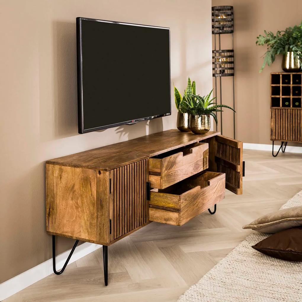 Tv-meubel Mangohout Met Ribbel Deuren - 135x35x55cm.