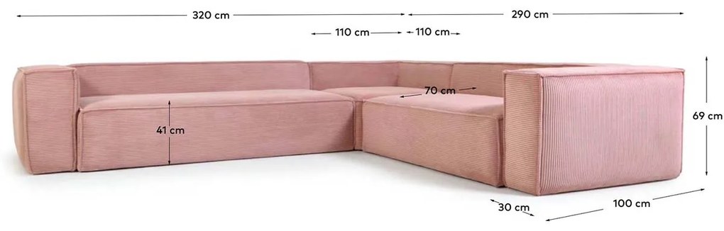 Kave Home Blok Moderne Hoekbank Ribstof Roze 320 X 290 Cm