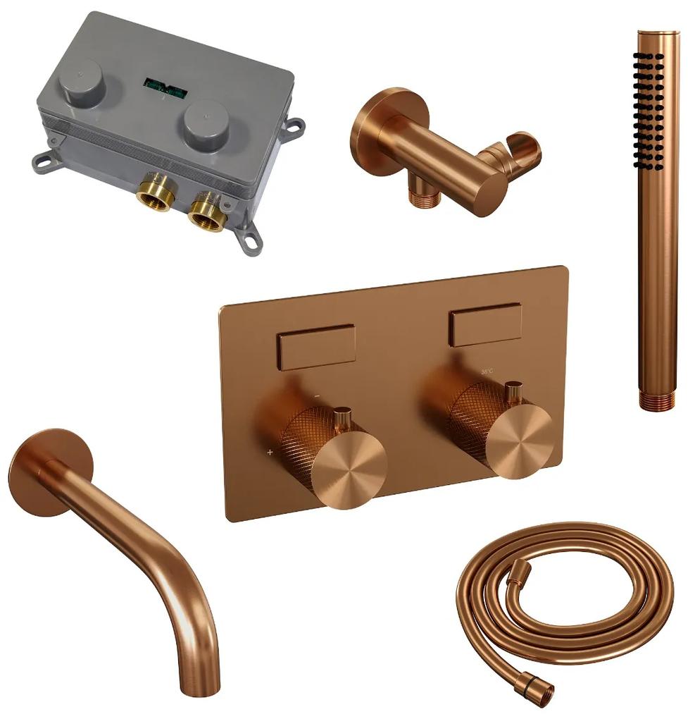 Brauer Copper Carving thermostatische inbouw badkraan met uitloop en staafhanddouche set 3 koper geborsteld PVD