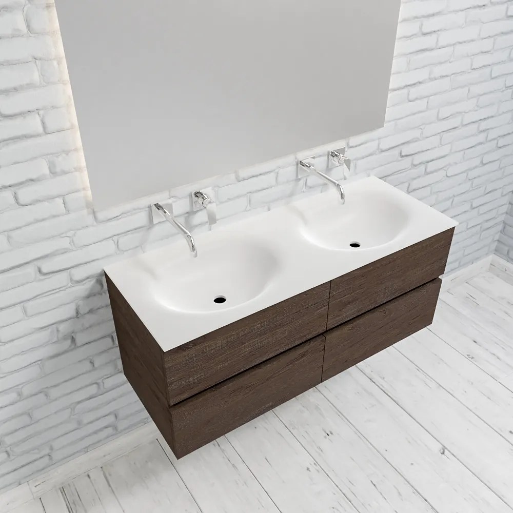 Zaro Sevilla Solid Surface badmeubel 120cm donker eiken zonder kraangat dubbele spoelbak met 4 lades