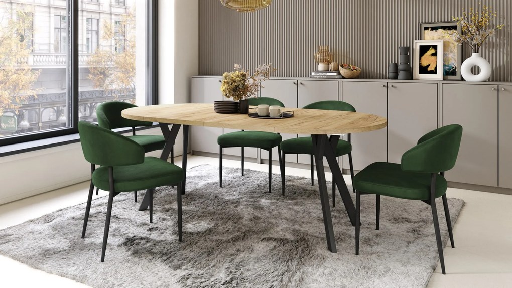 ALMO 100 Eiken Craft Gold/Zwarte poten - RONDE LOFT/INDUSTRIËLE TAFEL VOOR WOONKAMER/EETKAMER, UITSCHUIFBAAR