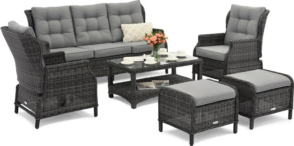 Malaga Coffee 5 antraciet technorattan set met Garden Point poefs