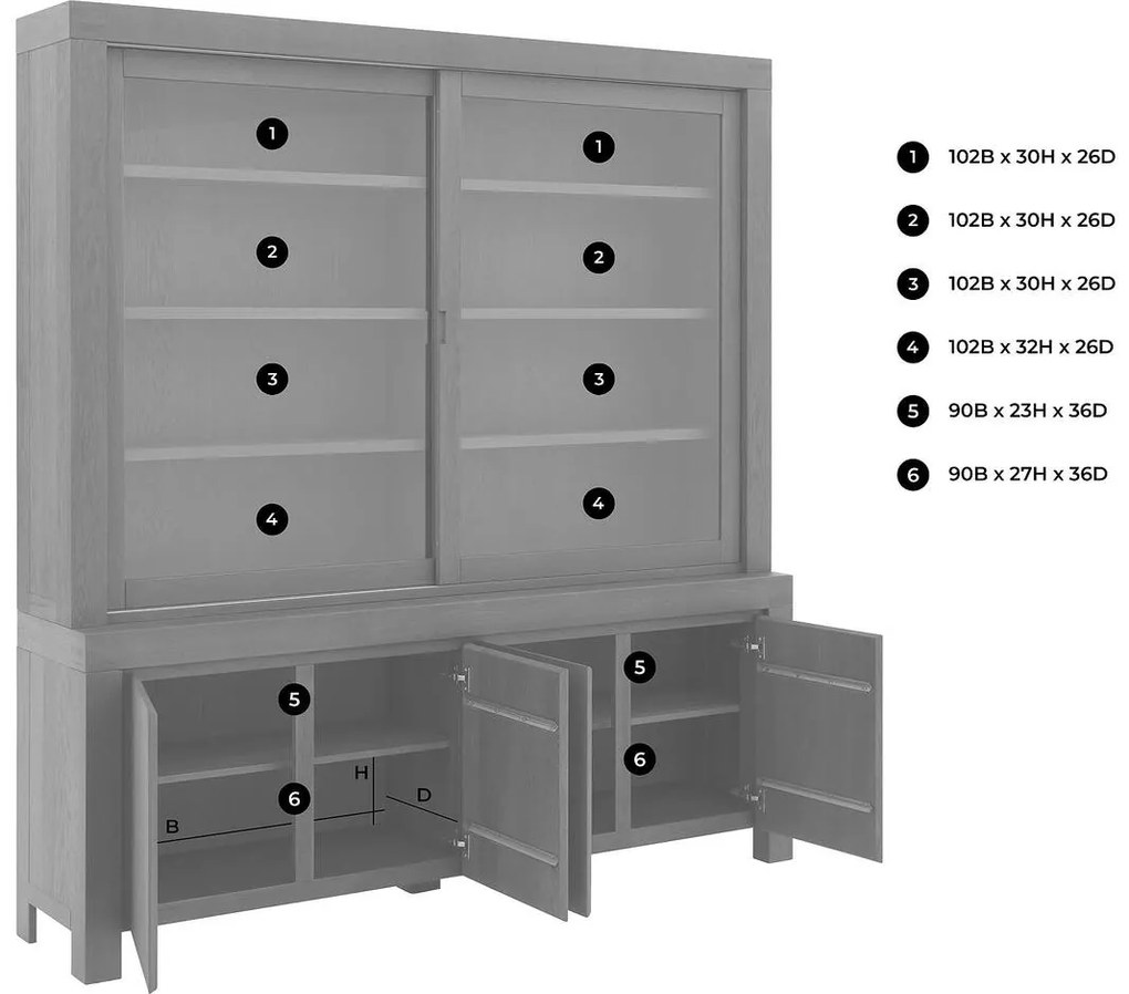 Goossens Buffetkast Clear, 2 glasdeuren boven, 4 dichte deuren onder, donker bruin eiken, 210 x 225 x 45 cm, stijlvol landelijk