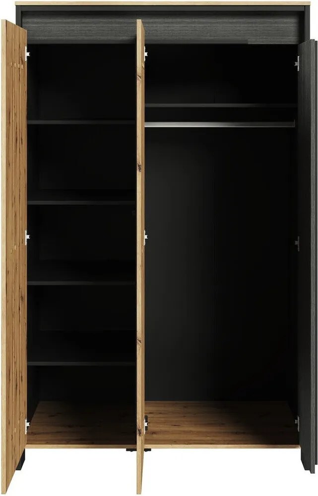 Kledingkast Lomsevu 112, Zwart, Artisan eiken, 196x123x55cm, 102 kg, Kledingkast deuren: Met scharnieren, Aantal planken: 5, Aantal planken: 5