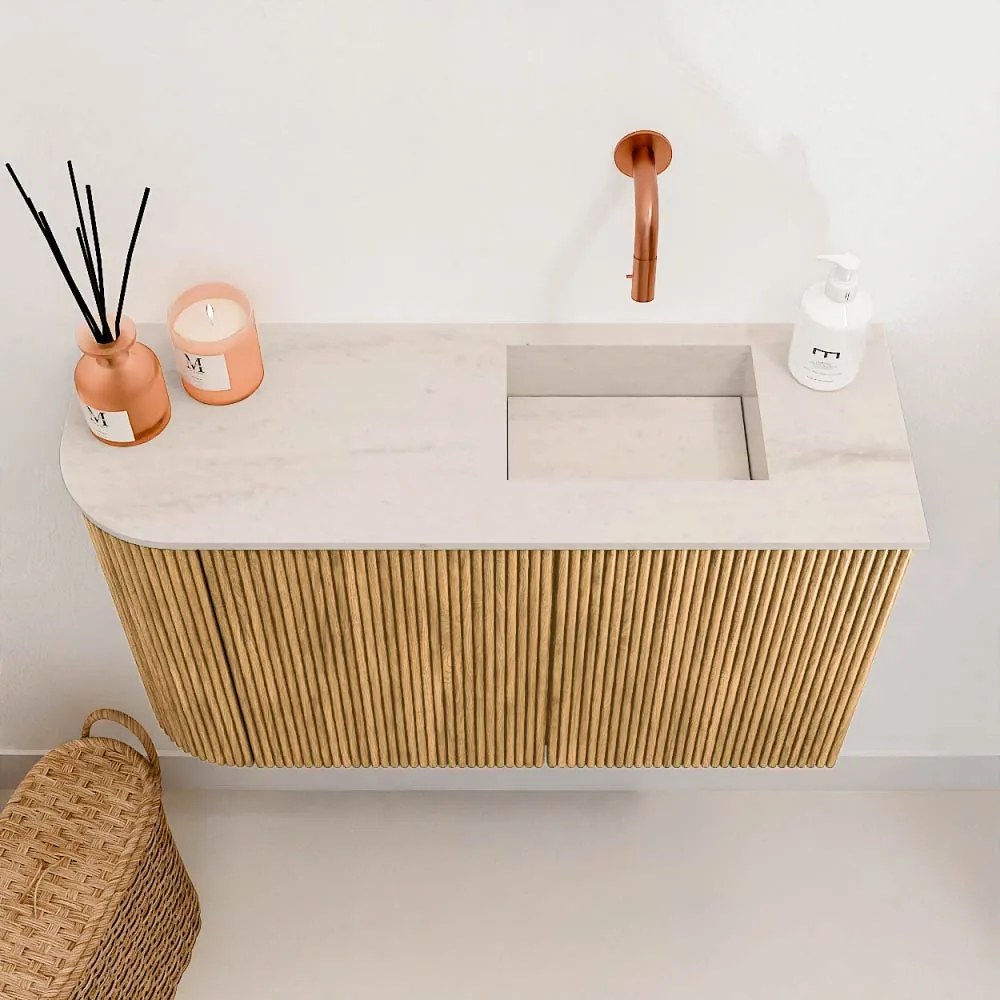 Mondiaz Joya DLux 70cm toiletmeubel ronding links oak met wastafel faye rechts zonder kraangat meli