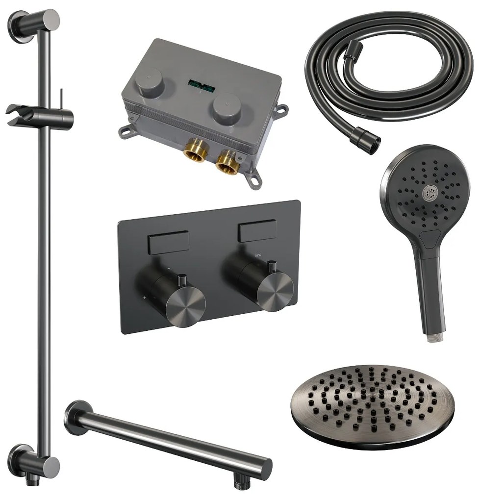 Brauer Gunmetal Edition thermostatische inbouw regendouche met 3 standen handdouche, rechte muurarm, glijstang en hoofddouche 20cm set 67 gunmetal geborsteld PVD