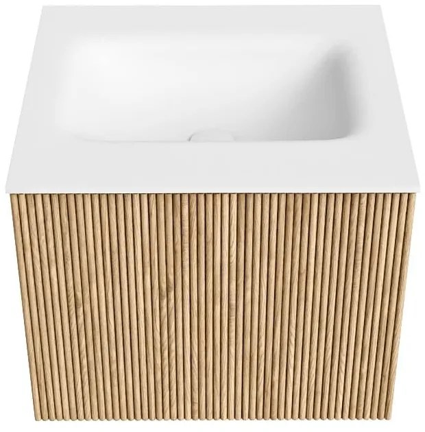 Mondiaz Kurve 50cm badmeubel oak met 1 lade en wastafel grunne midden zonder kraangat