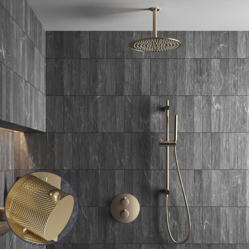 Saniclear Brass Curved inbouw regendouche rond met 30cm hoofddouche, plafondarm en glijstang geborsteld messing - mat goud