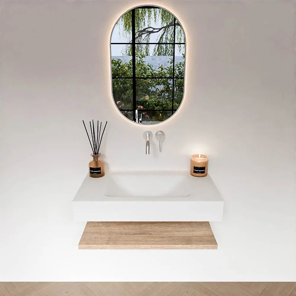 Zaro Alan badmeubel 80cm met planchet washed oak en vrijhangende wastafel cloud midden zonder kraangat talc