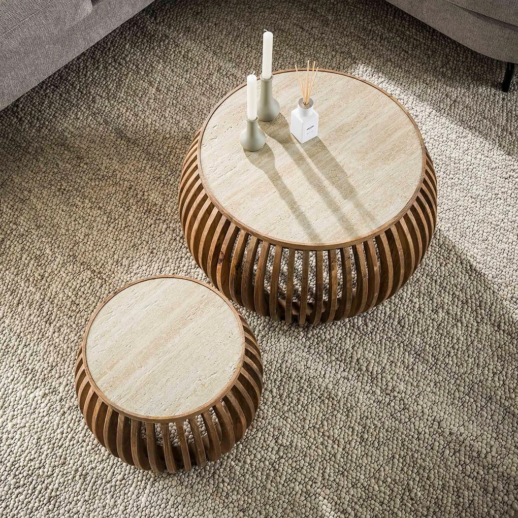 Ronde Salontafelset Travertin En Hout - 75 X 75cm.