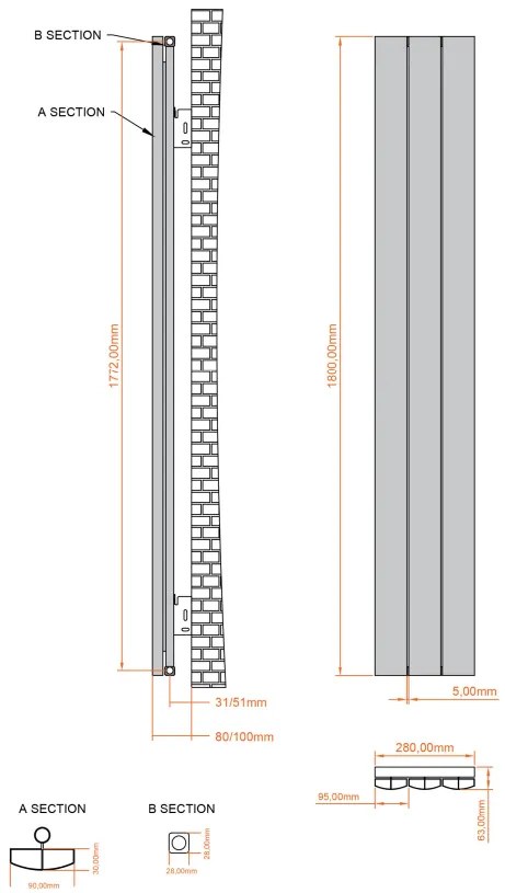 Eastbrook Tordino radiator 30x180cm aluminium 864W wit mat