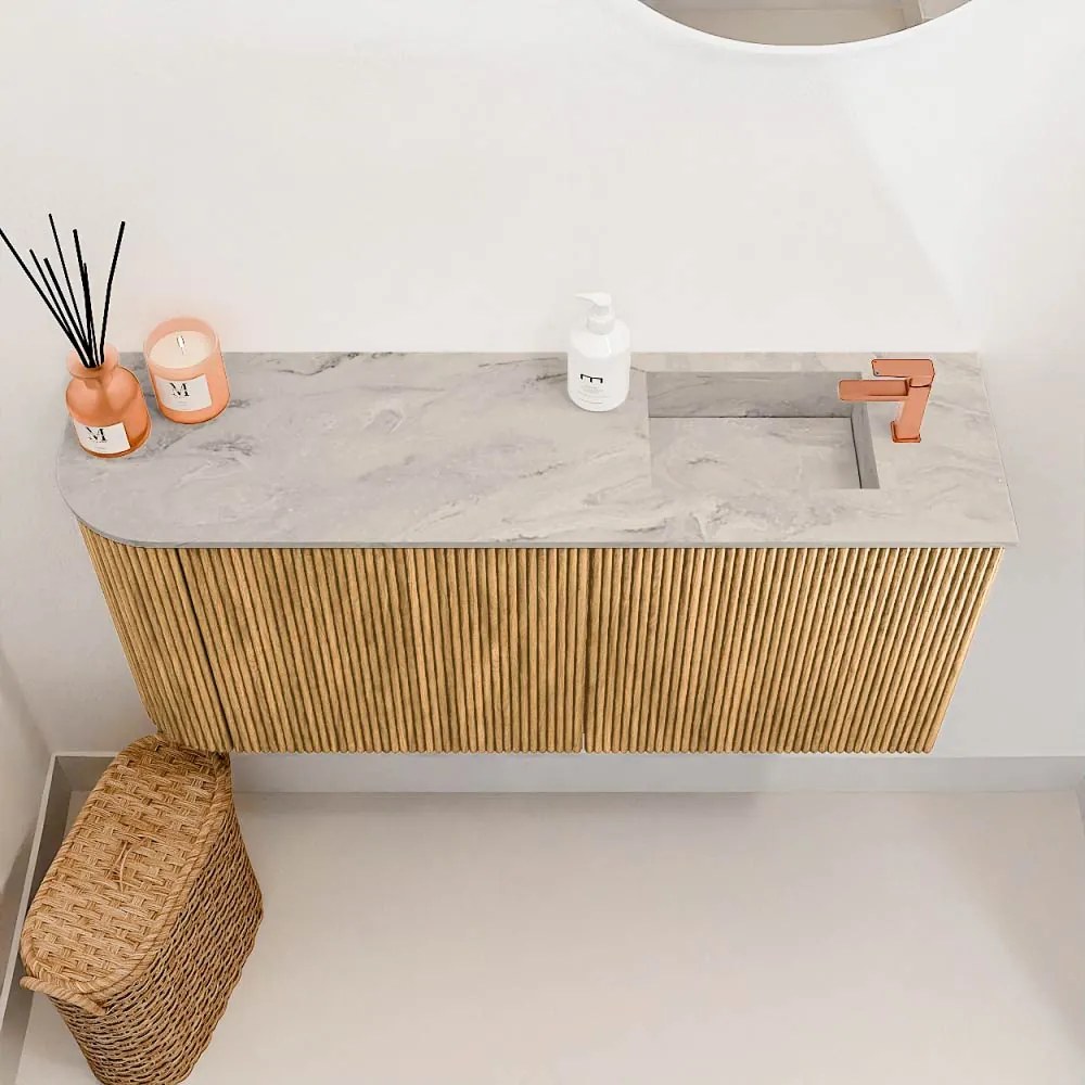 Mondiaz Joya DLux 90cm toiletmeubel ronding links oak met wastafel faye rechts 1 kraangat glace