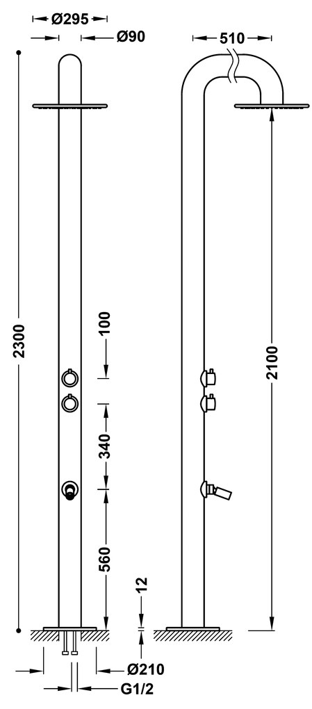 Tres Fuera gebogen buitendouche met mengkraan en 30cm hoofddouche RVS