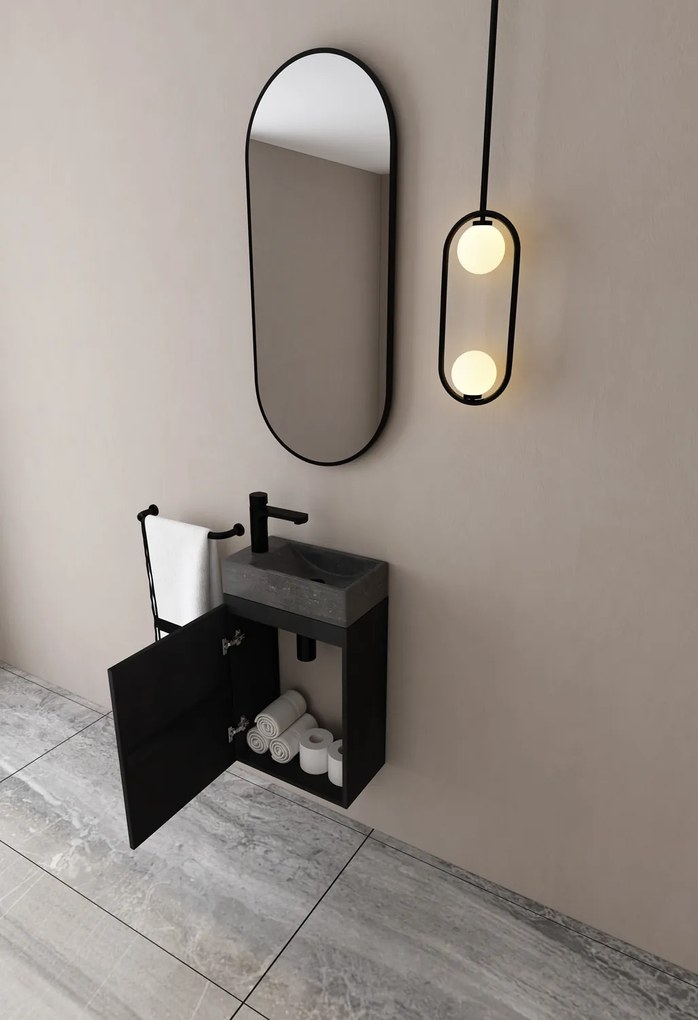 MD Interior Eden toiletmeubel zwart mangohout links met natuurstenen fontein links