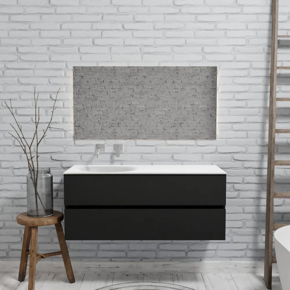 Zaro Sevilla Solid Surface badmeubel 120cm mat zwart geen kraangat met 2 lades spoelbak links