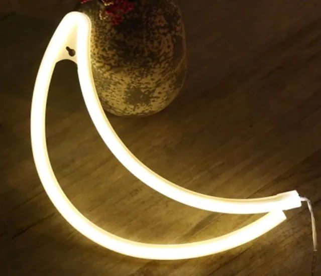 LED Neon Wandlamp "Maan", Op Batterijen en USB, 30x19x2cm, Warm Wit