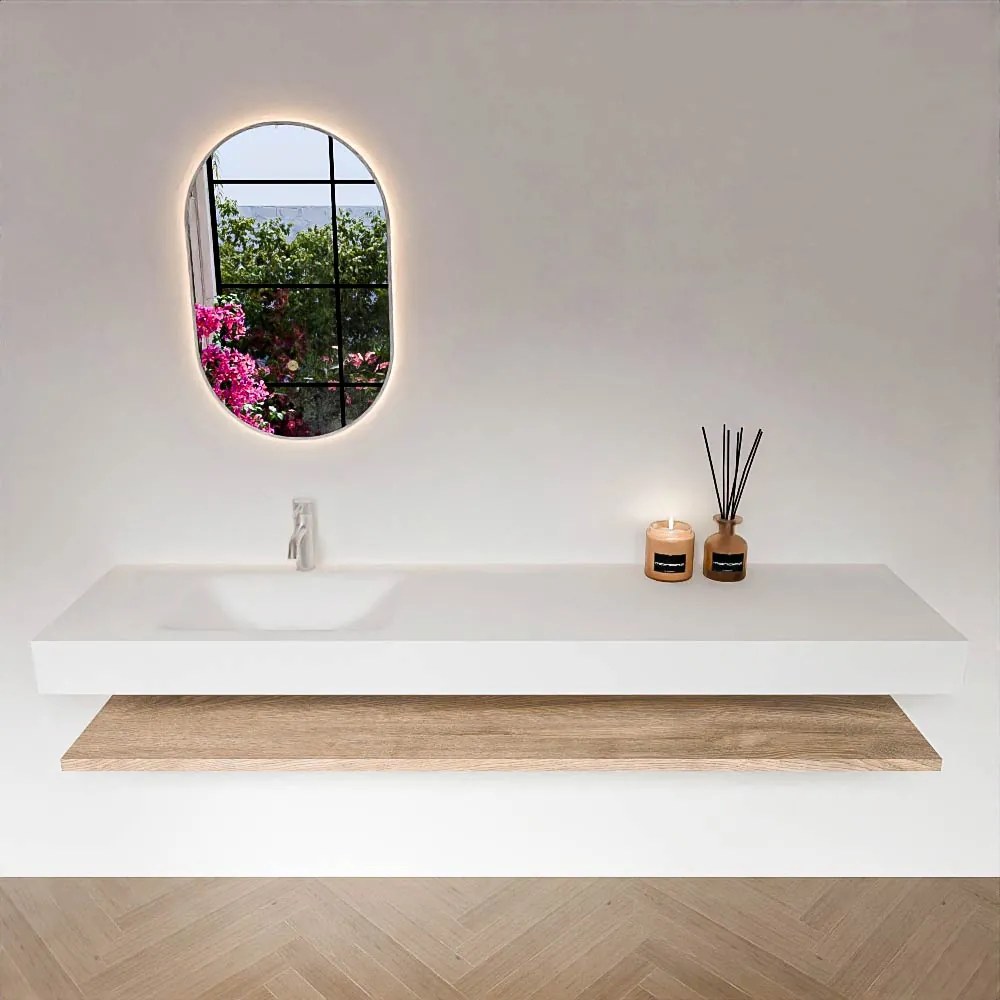 Zaro Alan badmeubel 190cm met planchet washed oak en vrijhangende wastafel cloud links 1 kraangat talc