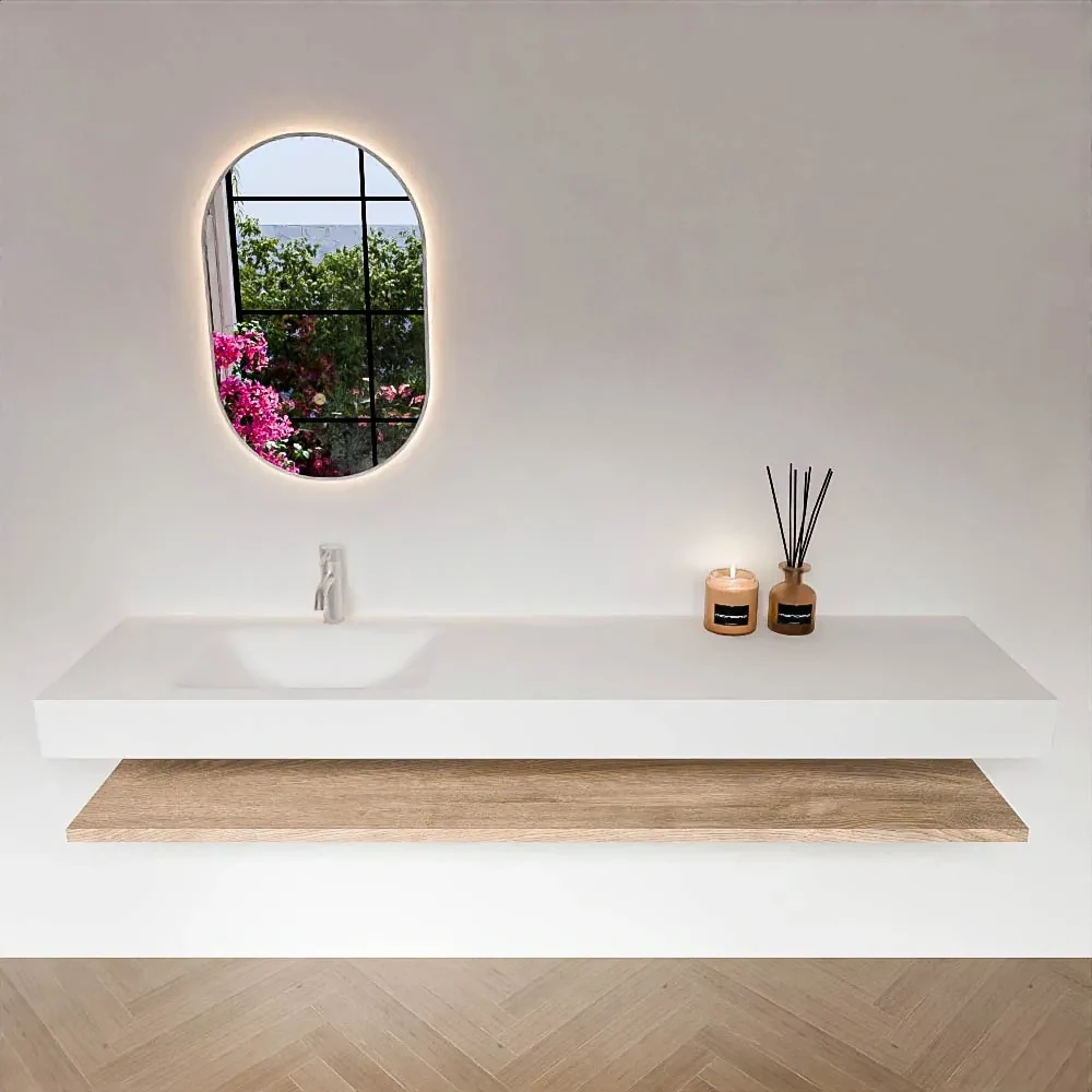 Zaro Alan badmeubel 190cm met planchet washed oak en vrijhangende wastafel cloud links 1 kraangat talc