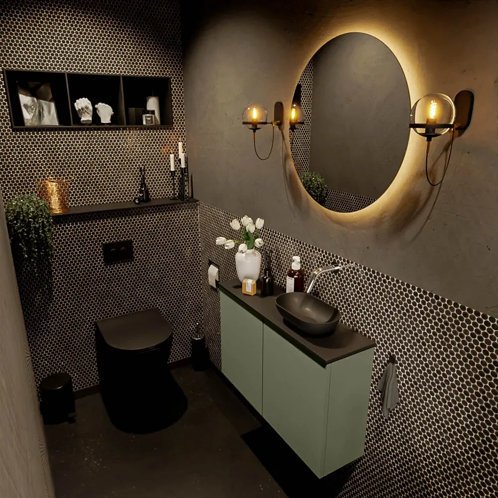 Mondiaz Fowy toiletmeubel 80cm army met zwarte waskom rechts zonder kraangat