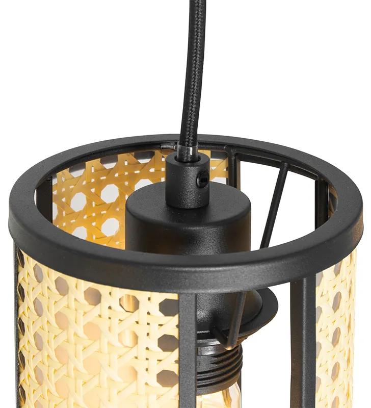 Eettafel / Eetkamer Oosterse hanglamp zwart met rotan 3-lichts langwerpig - AkiraOosters E27 Binnenverlichting Lamp