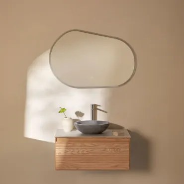 Tedrik Zwevend Badkamermeubelset Van Essenhout Ash Brown & Rond Grijs Cement Ø40 Cm Tarsis & Ovaal Led En Anticondens 100x80 Cm Riben & - Sklum