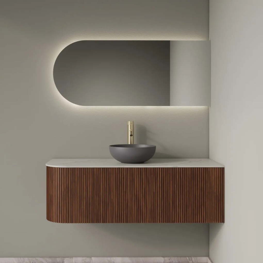 Gliss Design Alluro badmeubel ribbelfront met ronding links 120cm walnut en wit marmer toppaneel