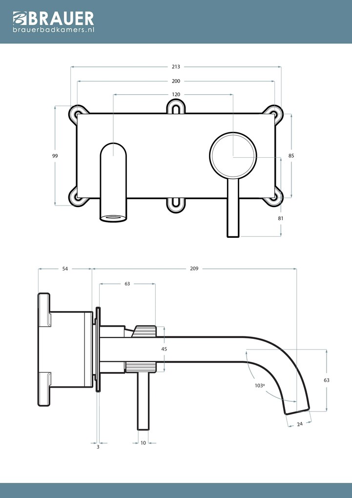 Brauer Stripe inbouw wastafelkraan ColdStart met gebogen uitloop en afdekplaat model A1 messing geborsteld PVD
