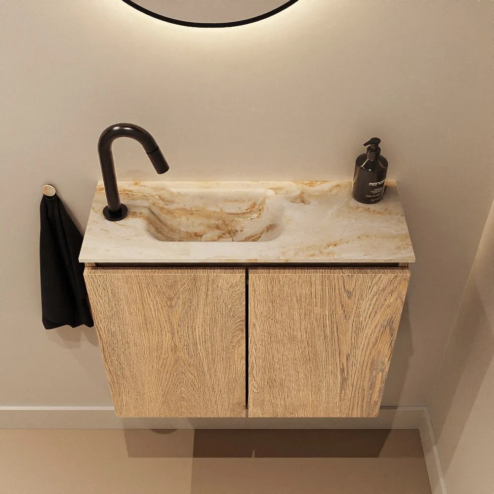 Mondiaz Ture DLux toiletmeubel 60cm washed oak met wastafel frappe links met kraangat